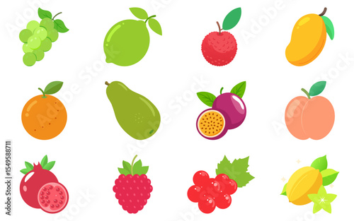 Colorful fruit assortment flat vector set – vibrant icons for food labels, summer menus, and educational materials