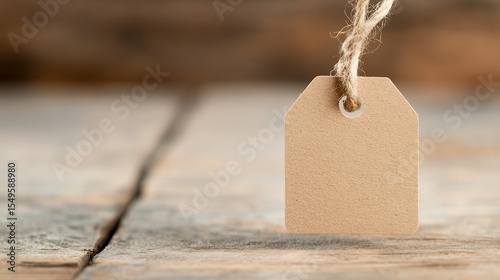 A blank brown paper tag hangs from a piece of twine against a rustic wooden background, perfect for adding your own text or design