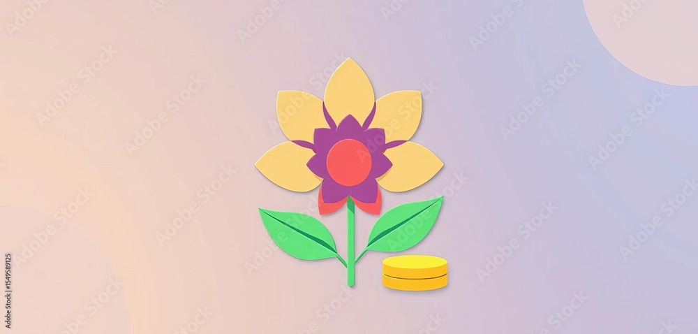 Naklejka premium Flat design icon of a flower sprouting from coins, symbolizing crowdfunding, funding, money