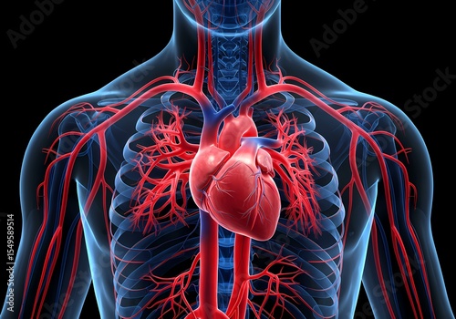 Human heart anatomy illustration with blood vessels for medical education and healthcare purposes image