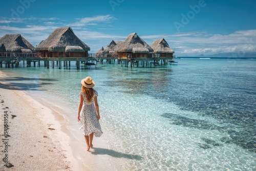 Visitor strolling on a Polynesian beach near an overwater bungalow in Moorea a renowned luxury resort in French Polynesia