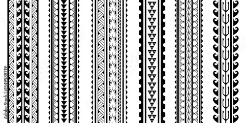 Set of Maori Polynesian tattoo bracelets border. Tribal sleeve seamless pattern vector. Samoan bracelet tattoo design fore arm or foot.  Vertical pattern