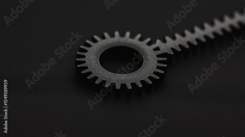 Close-up of two black gears interlocked on a dark surface