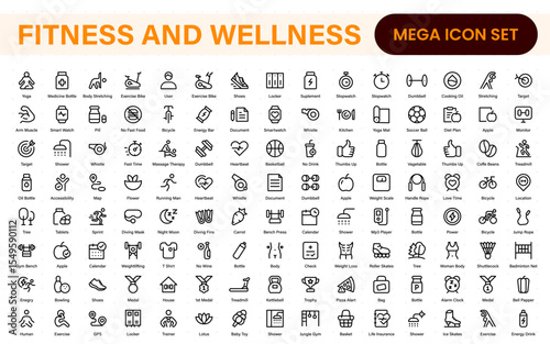 Set of fitness and wellness related line icons, wellbeing, mental health, healthcare, cosmetics, spa, medical. Outline icon collection.