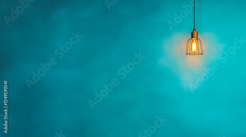 A single, warm-toned light bulb hangs from a dark cord against a teal textured wall