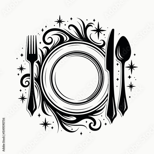 Elegant dining setting with ornate plate and cutlery, culinary art