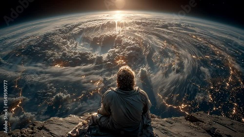 Jesus as the redeemer watching over the earth from space	