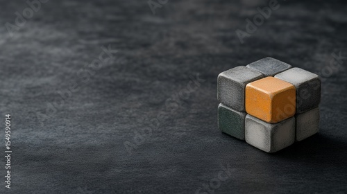 A single orange cube stands out amongst gray cubes, forming a small block on a dark surface