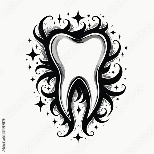 Stylized tooth surrounded by intricate designs, dental artistry