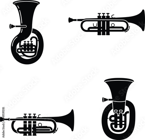 Vector Set of Trumpets and Tubas – Black and White Brass Musical Instrument Illustrations, silhouette, Oktoberfest, line art.