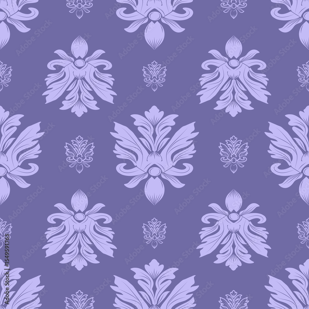 Fototapeta premium Damask seamless pattern with purplish blue flowers, vector illustration elegant for textile, wall paper, bedding, curtains, cushion cover, rug, scarf, upholstery fabric, vintage design, luxury design