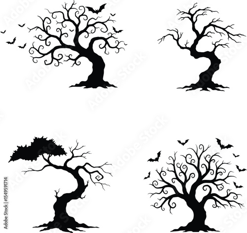 Halloween horror tree silhouette, vector, illustration, line art.