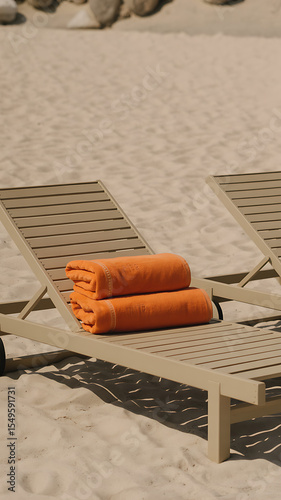 beach lounge chairs with orange towels on sand, summer relaxation
