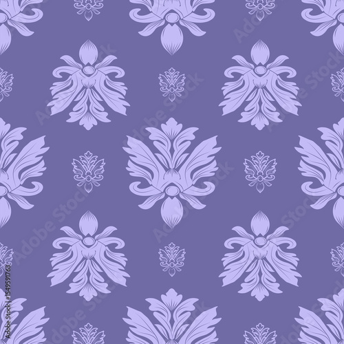 Damask seamless pattern with purplish blue flowers, vector illustration elegant for textile, wall paper, bedding, curtains, cushion cover, rug, scarf, upholstery fabric, vintage design, luxury design