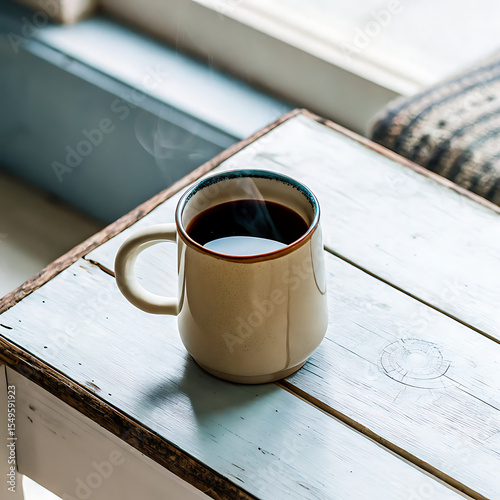 steaming coffee mug on wooden table by the window, cozy morning
