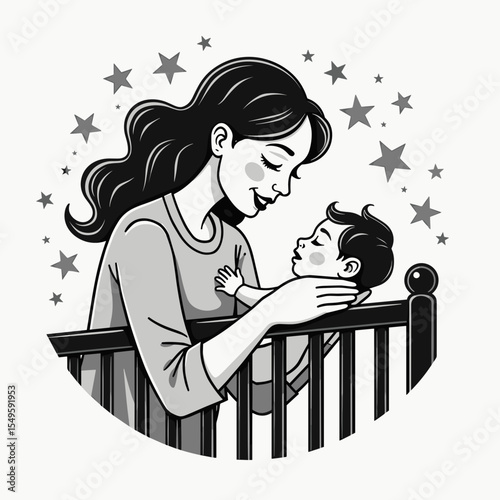 Mother joyfully gazing at baby in crib, love and connection