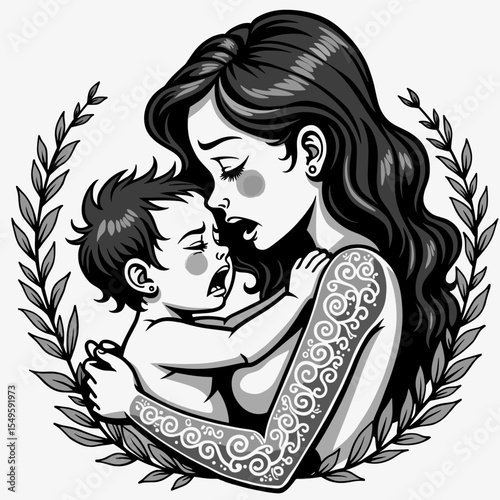 Emotional embrace between mother and crying child, deep connection