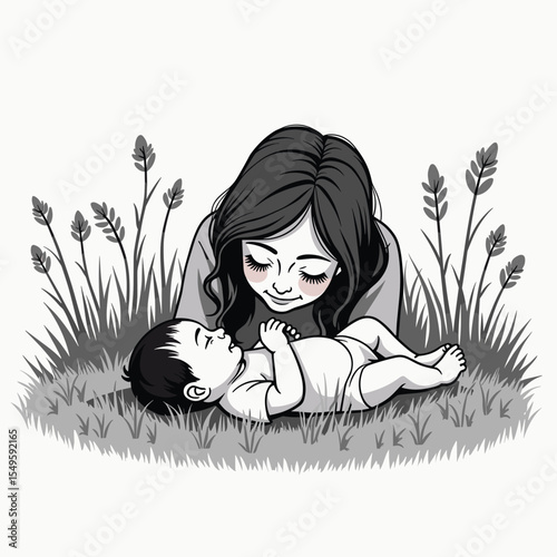Loving mother adoring her baby in grassy field, nurturing bond