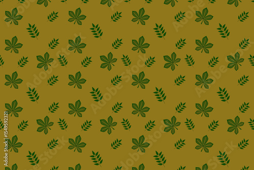 Seamless green floral pattern on yellow surface. Green floral texture.