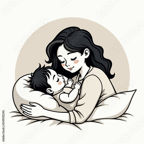 Loving mother embraces sleeping baby on soft pillows, maternal bond