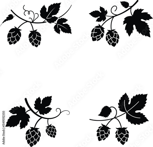 Vector Set of Hop Cones and Leaves – Black and White Beer Ingredient Illustrations, silhouette, Oktoberfest, line art.