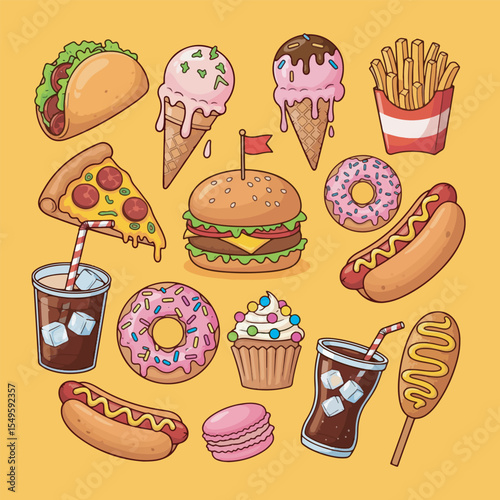 Cartoon Fast Food and Dessert Icon Set on Orange Background – Burgers, Fries, Ice Cream, and Drinks in Fun Vector Style