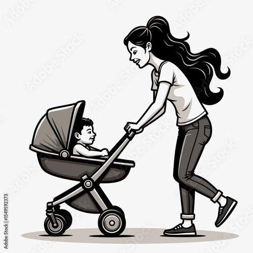 Joyful mother pushing a stroller with baby, nurturing companionship