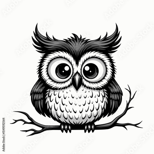 Cute cartoon owl perched on branch, whimsical charm