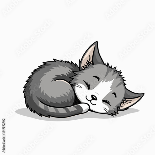 Cute sleeping gray kitten curled up, comfort and peace
