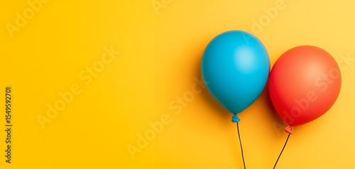 Two colorful balloons, one teal and one orange, float against a vibrant yellow background