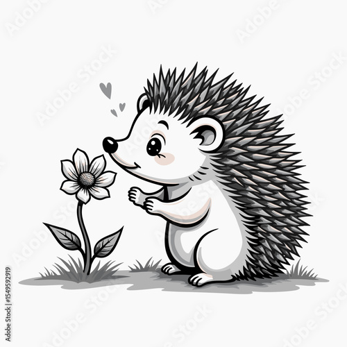 Cute hedgehog admiring flower in lush garden, nature's beauty