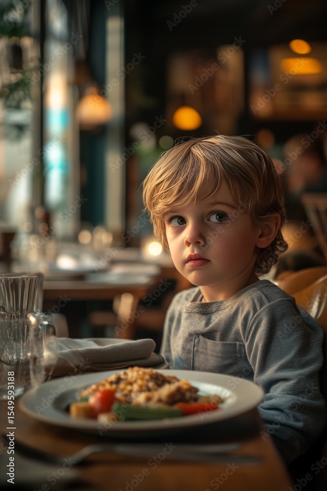A young boy sits at a dinner table, his face filled with anticipation and curiosity as he looks forward to the start of a delicious meal in an inviting restaurant setting. A young boy sits at a dinner table, his face filled with anticipation and curiosity as he looks forward to the start of a delicious meal in an inviting restaurant setting.