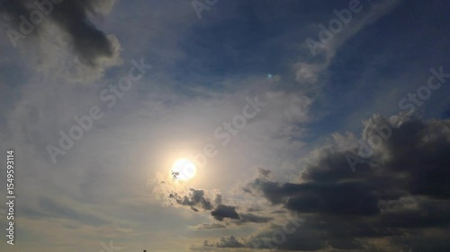 time-lapse scene A striking view of the sky, featuring the sun shining brightly through dynamic clouds.
