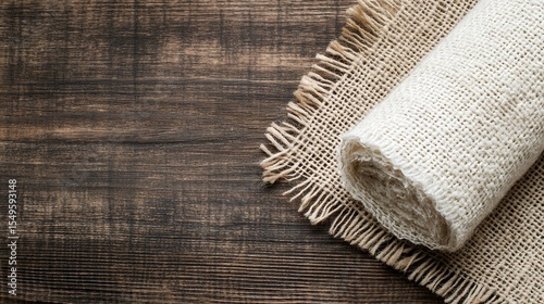 Rolled burlap fabric on a dark wooden surface