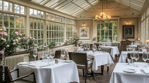 Sunlit dining room, elegant tables