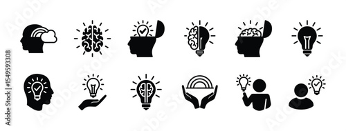 Imagination cognition icon vector set. Contains brain head light bulb, open minded, creativity, thinking, intelligence, innovation, idea, inspiration, genius, creation, smart, solution. Illustration