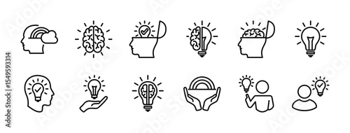 Imagination cognition icon set. Contains brain head light bulb, open minded, creativity, thinking, intelligence, innovation, idea, inspiration, genius, creation, smart, solution. Vector illustration