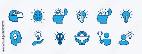Set of imagination cognition icon vector. Contains brain head light bulb, open minded, creativity, thinking, intelligence, innovation, idea, inspiration, genius, creation, smart, solution illustration