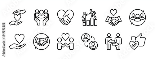 Loyalty icon set. Contains devotion, trust, trustworthiness, commitment, cooperate, relationship, connection, support, friendship, teamwork, loyal, love, sharing, togetherness. Vector illustration