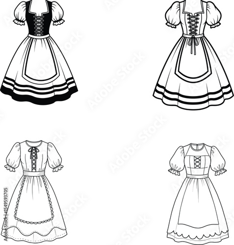Vector Set of Traditional Bavarian Dresses – Black and White Oktoberfest Costume Illustrations, line art.
