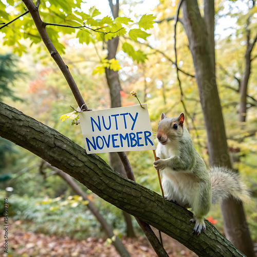squirrel holding 'Nutty November' sign on tree branch, autumn wildlife photo
