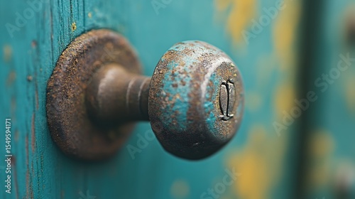 Close-up of a rusty, turquoise-painted metal knob on a weathered wooden door