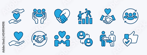 Set of loyalty icon. Contains devotion, trust, trustworthiness, commitment, cooperate, relationship, connection, support, friendship, teamwork, loyal, love, sharing, togetherness. Vector illustration