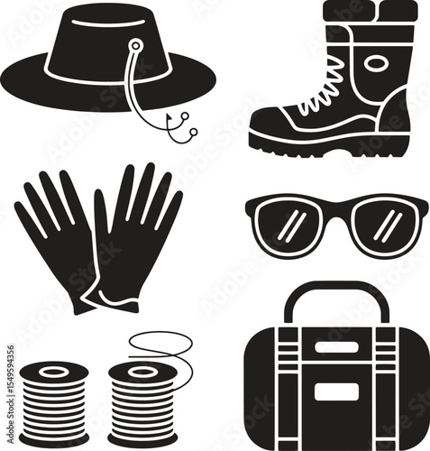 Fishing gear icons hat boots gloves sunglasses tackle box
