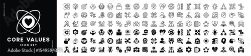 Core value icon set. Contains innovation, goals, target, responsibility, integrity, quality, teamwork, performance, commitment, passion, trust, mission success, client, idea. Vector illustration
