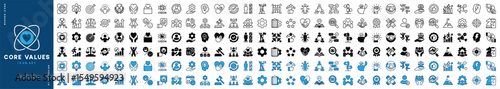 Core value icon vector set. Contains innovation, goal, target, responsibility, quality, teamwork, performance, commitment, integrity, passion, trust, mission success, client, idea. Illustration EPS 10