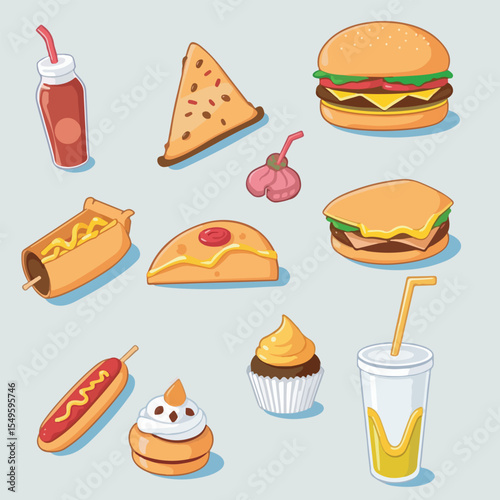 Colorful Fast Food Icons Set – Burgers, Snacks, Drinks, and Desserts in Flat Vector Style