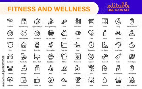 Set of fitness and wellness related line icons, wellbeing, mental health, healthcare, cosmetics, spa, medical. Outline icon collection.