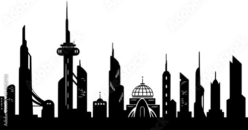uturistic cityscape, floating islands, flying saucers, sci-fi architecture, monochrome, minimalist, clean lines, sleek design, utopian vision, digital illustration