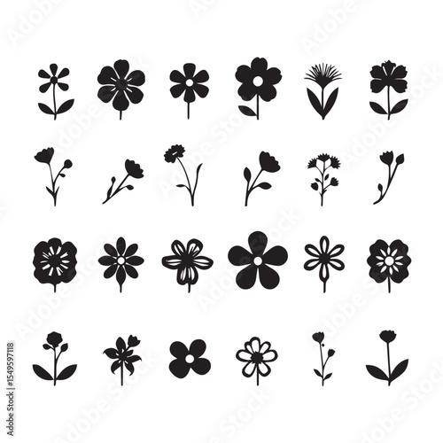 Collection of twenty four simple black flower silhouettes